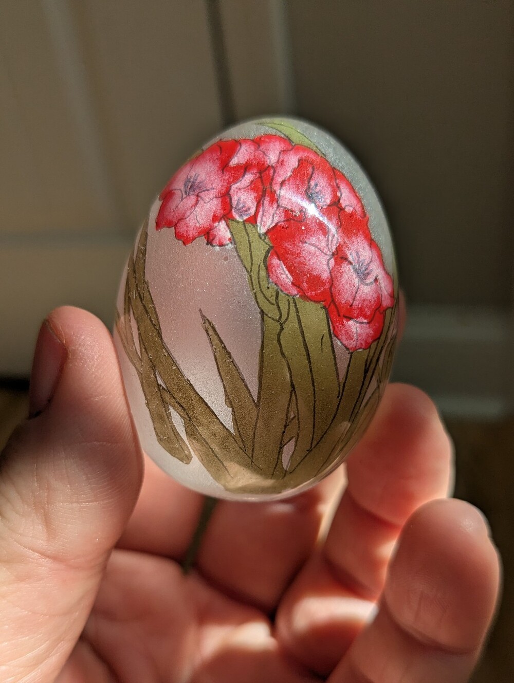 Vintage Reverse Painted Glass Egg With Butterflies And Pink Irises Flowers